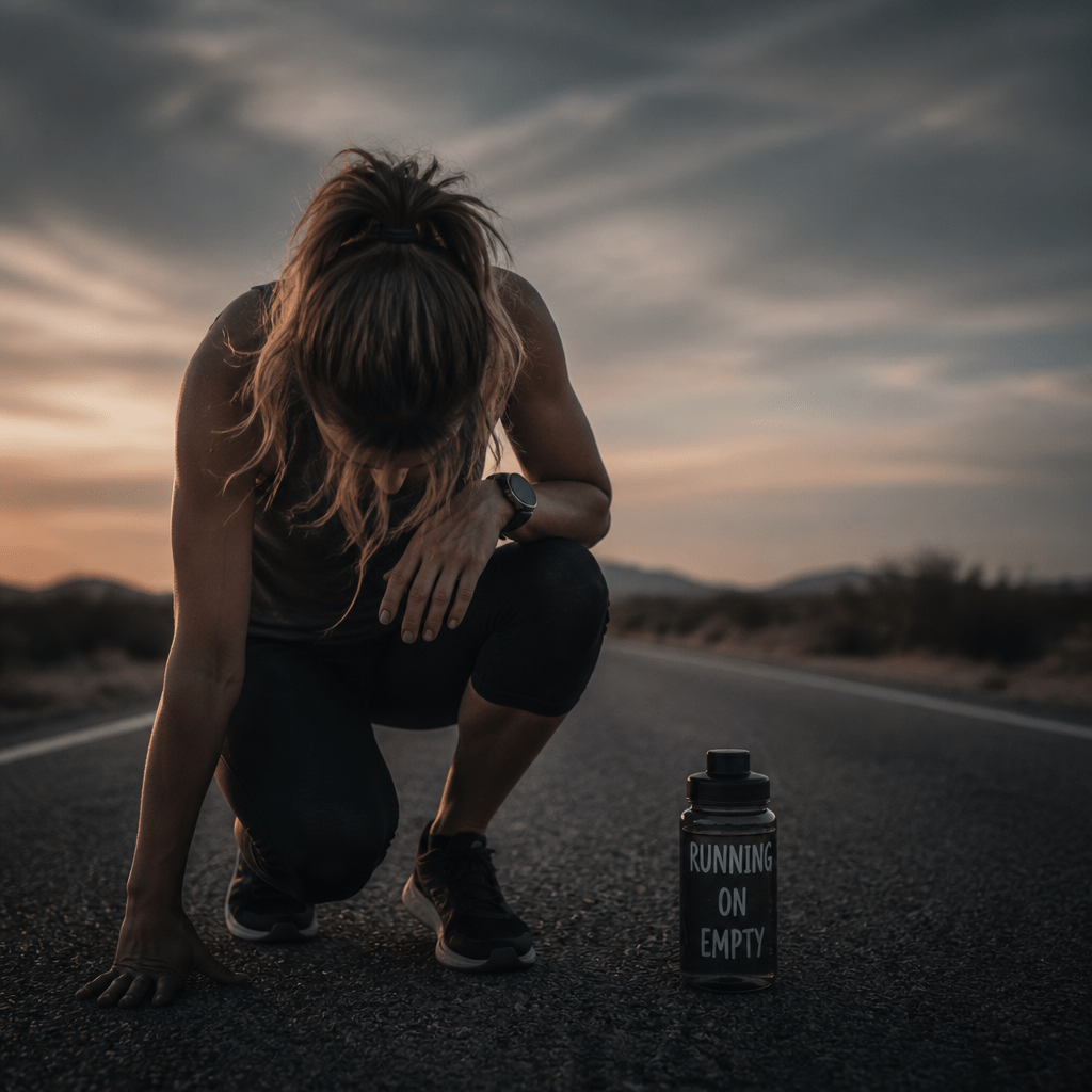 A runner kneeling on an empty road at sunset, looking down with a water bottle labeled 'RUNNING ON EMPTY' beside them.