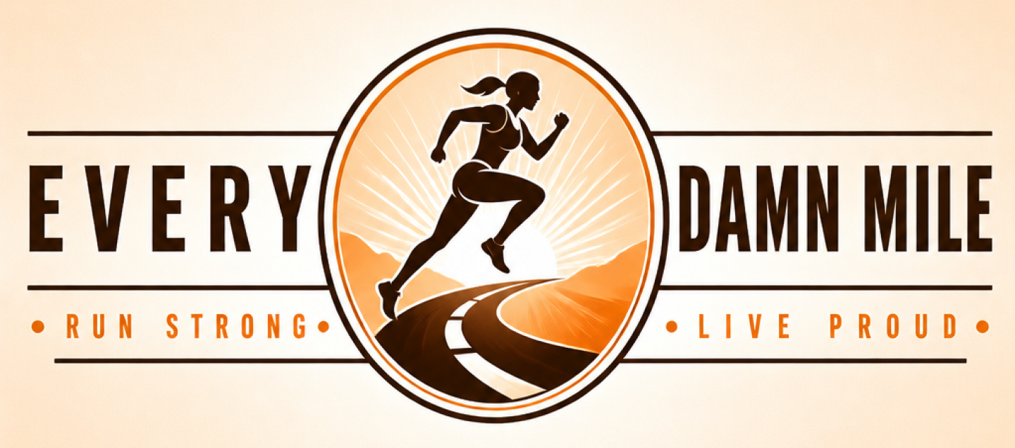 Brightened Every Damn Mile logo featuring a bold runner silhouette inside a circular emblem with the phrases ‘Run Strong’ and ‘Live Proud.’