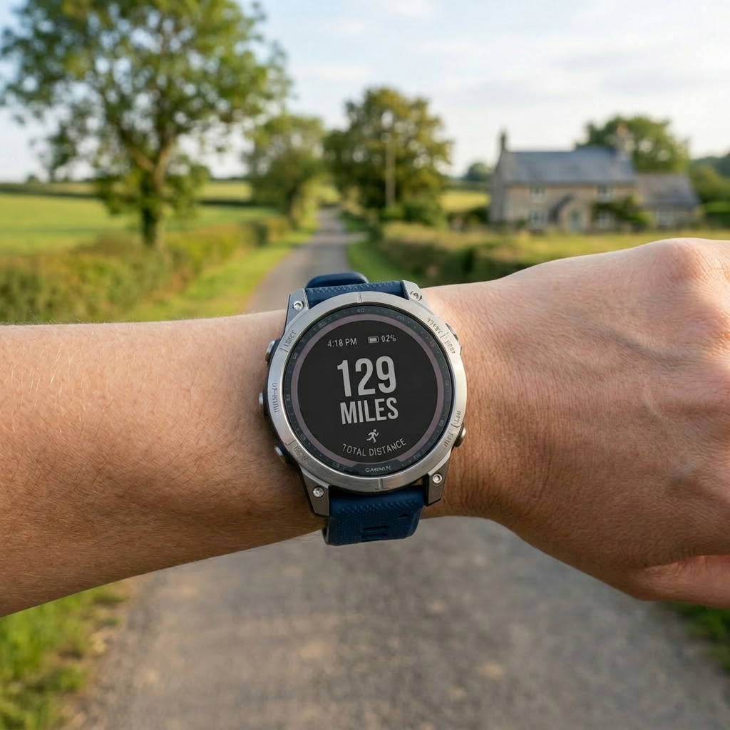 Smartwatch displaying total distance of 129 miles
