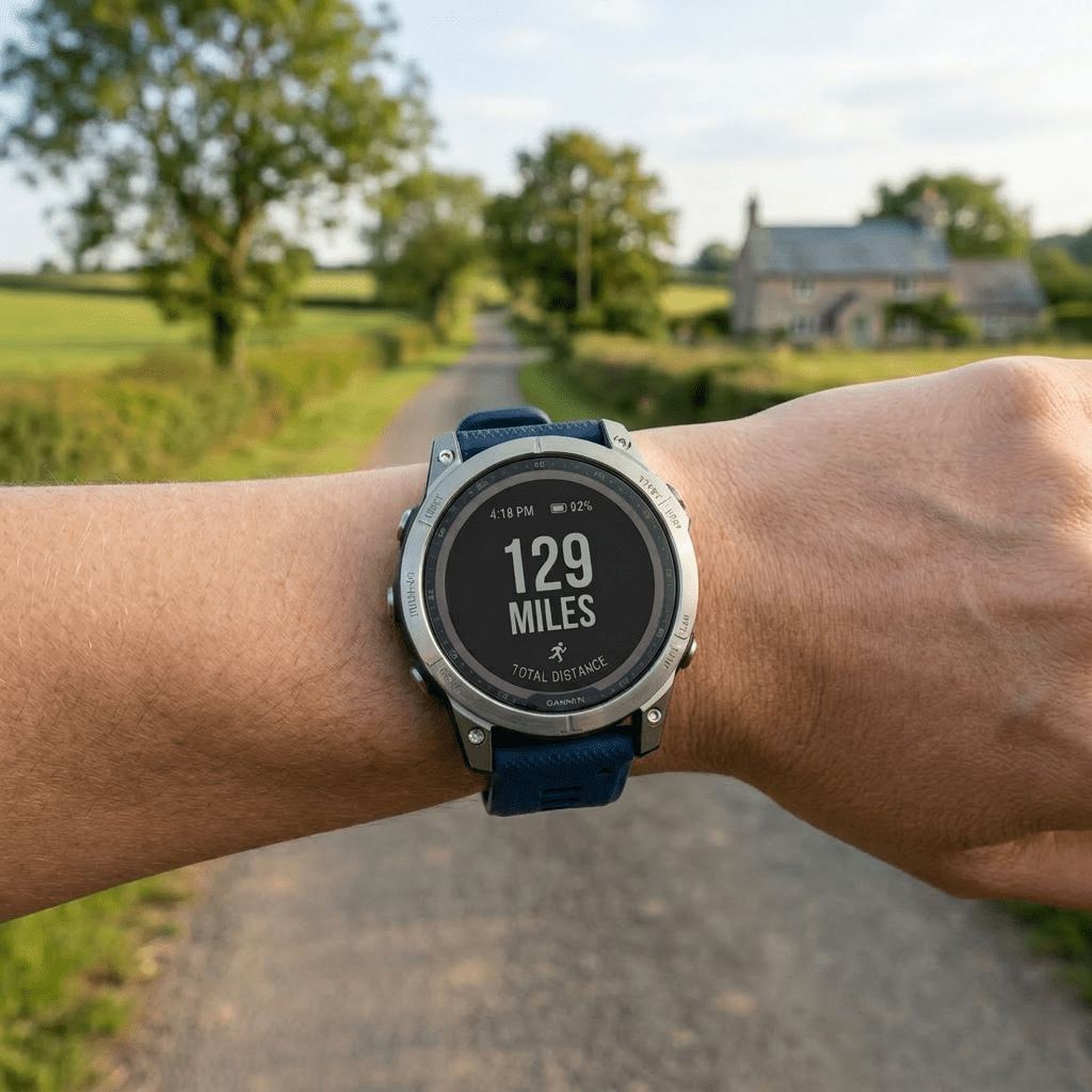 Smartwatch displaying total distance of 129 miles