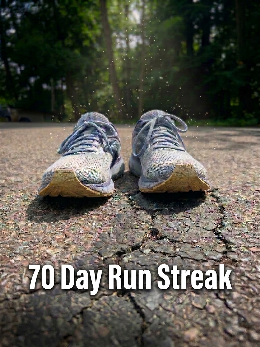 May was a Success 70 Day Run Streak; old running shoes; all the glory.