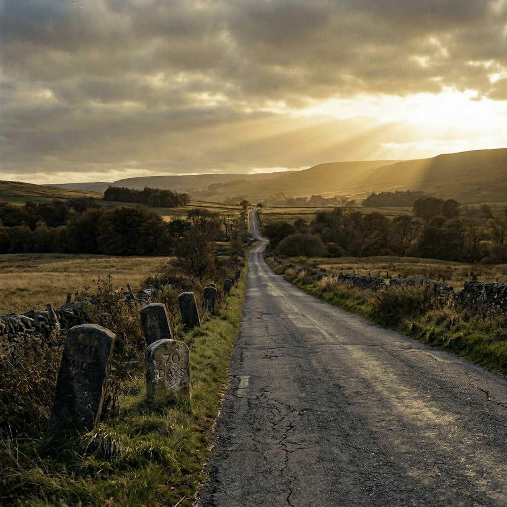 Winding rural road with stone mile markers and sun rays through clouds