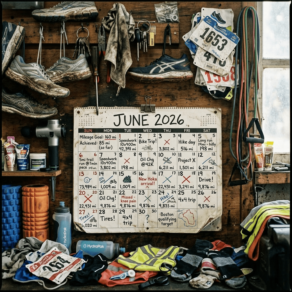 June 2026 calendar with monthly mileage goals, chaotic runner gear