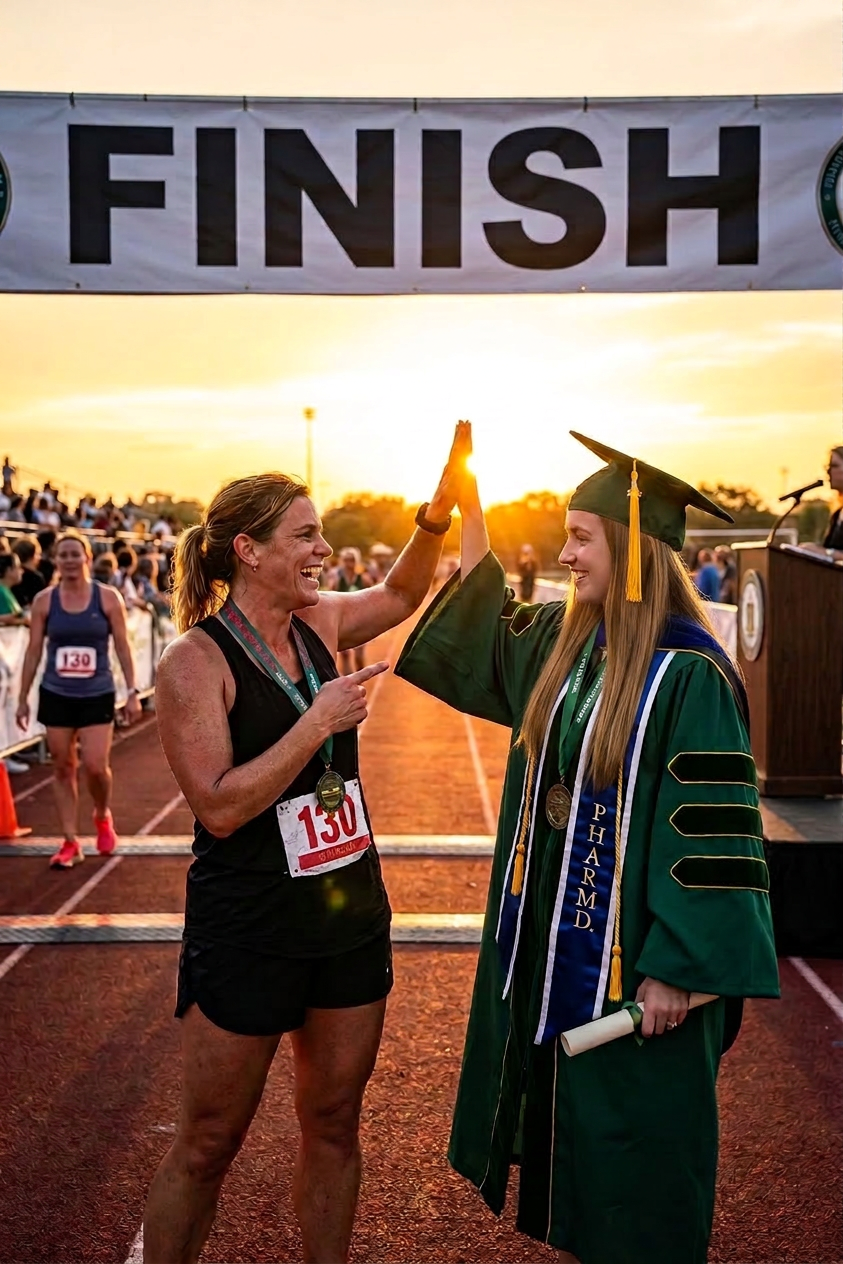 Runner with race bib high-fiving graduate in cap and gown near finish line at sunset