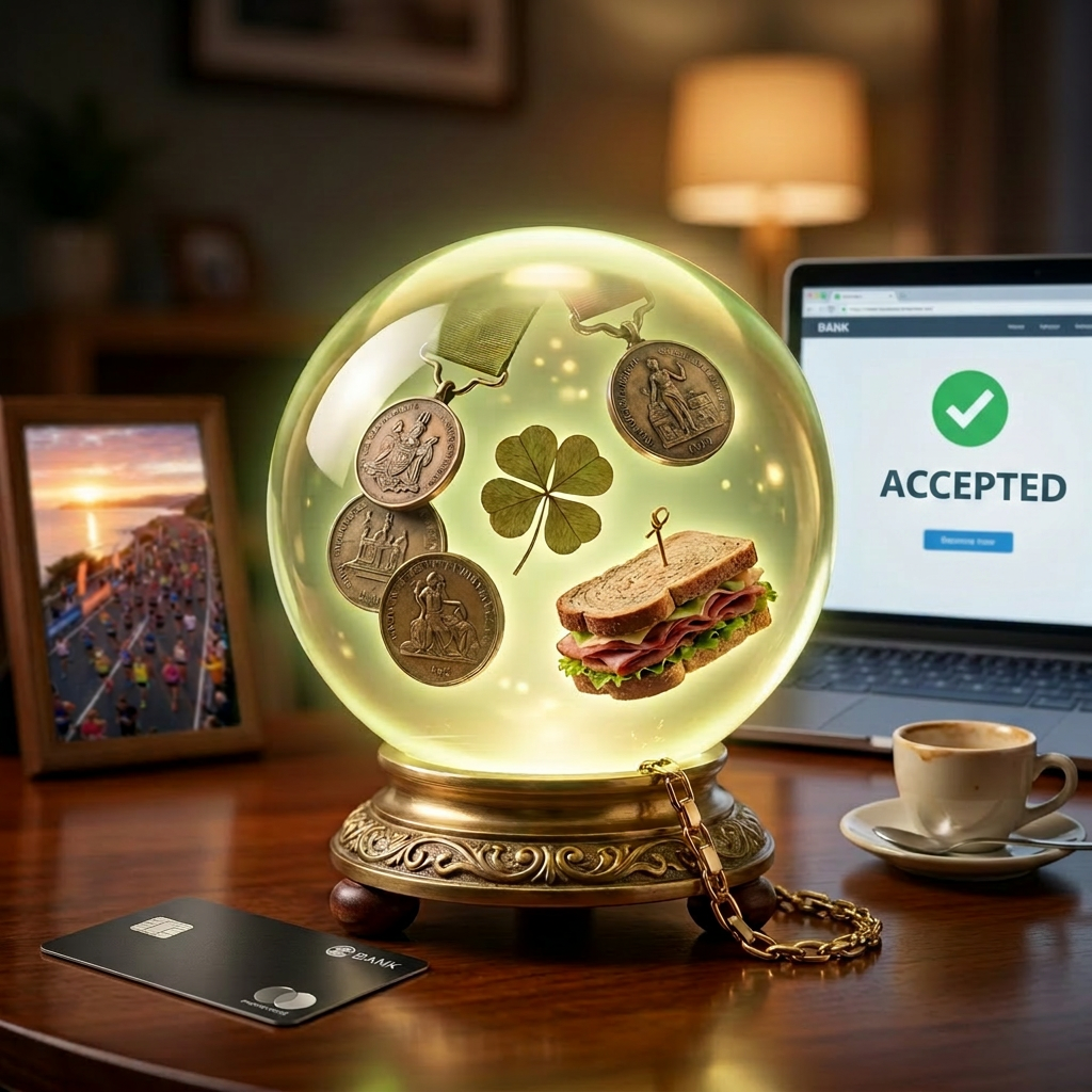 Crystal ball showing medals, four-leaf clover, and sandwich