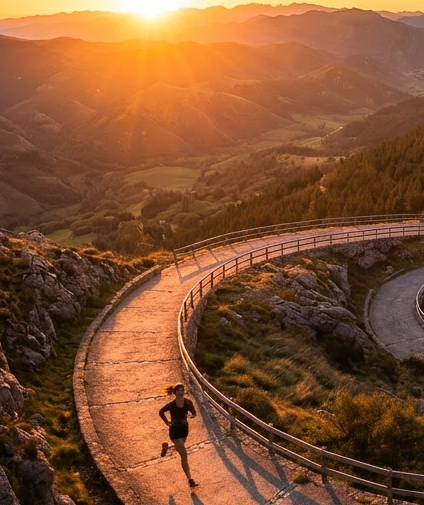 Runner on winding mountain road with sunset in the background