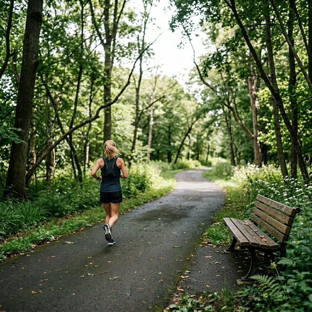 Woman running on paved path in dense green forest