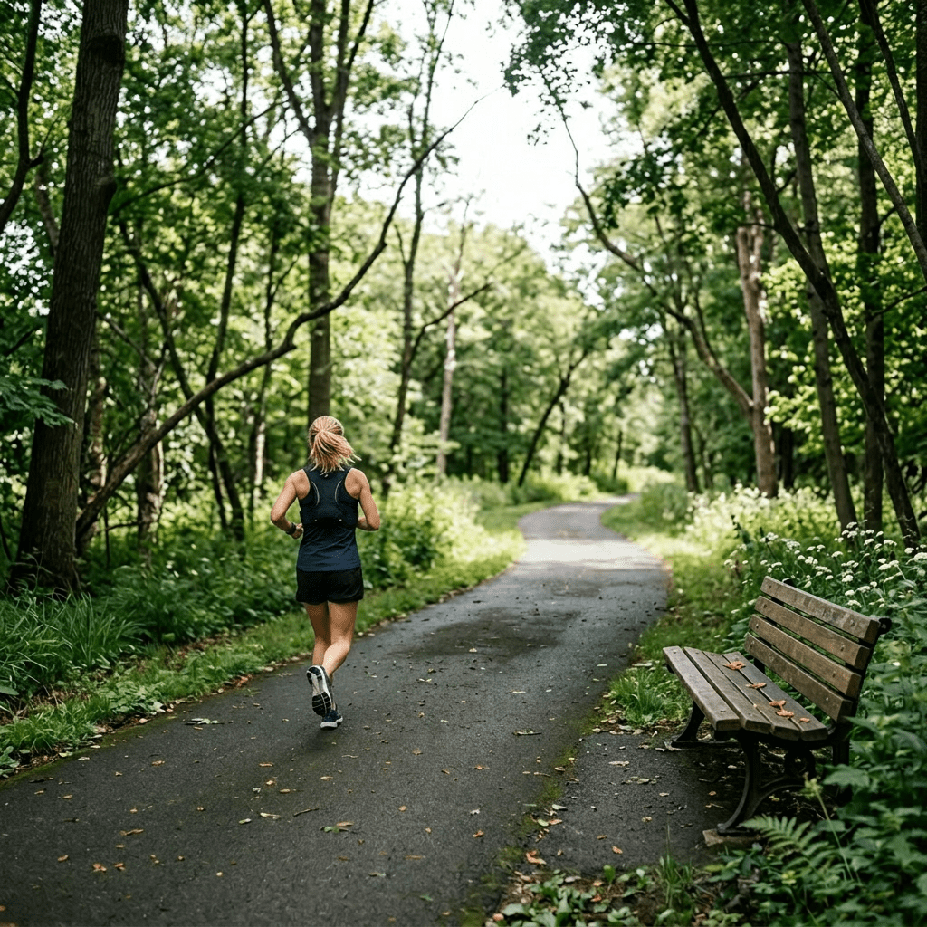 Woman running on paved path in dense green forest